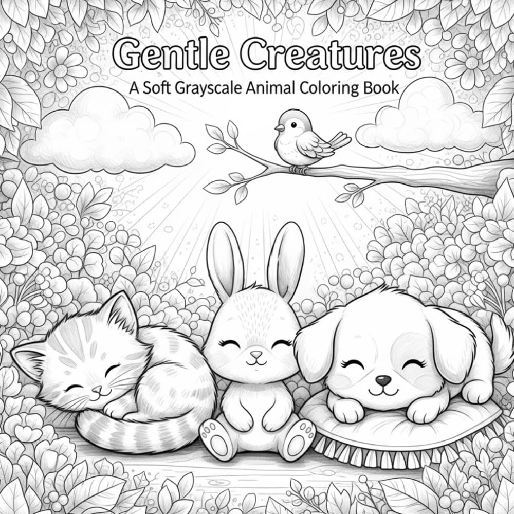 Gentle Creatures: A Soft Grayscale Animal Coloring Book: Peaceful, Easy-to-Color Animal Scenes for Relaxation