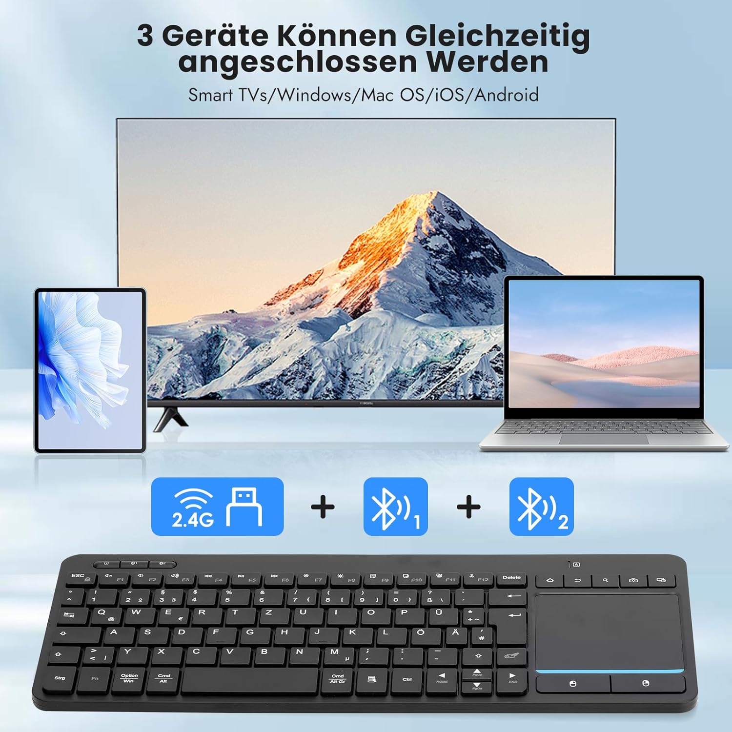 Image showing the keyboard connected to a tablet, smart TV, and laptop simultaneously, illustrating 2.4G and two Bluetooth connections.