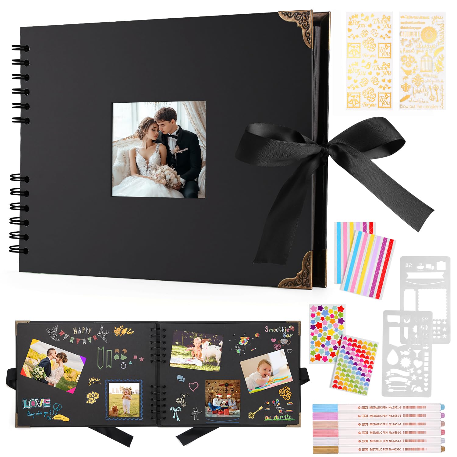 DazSpirit Fotoalbum 29,5 X 21cm Fotoalbum Zum Selbstgestalten Schwarz Fotobuch Mit 80 Seiten Scrapbook, Für 160 Bilder, Inkl.6 Metallic Farbmarker, Gästebuch Für Geburtstag Und Hochzeit(Schwarz)