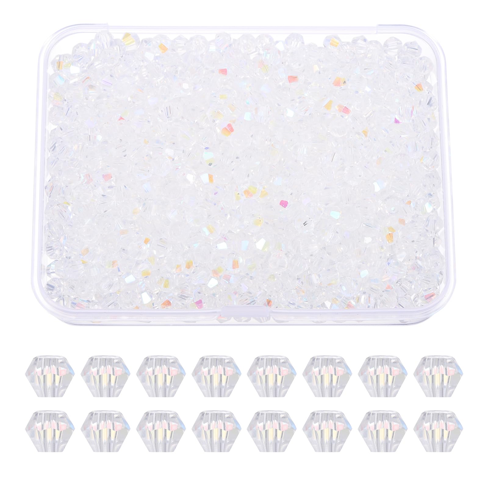 PATIKIL 1000pcs 4mm Bicone Glass Crystal Beads, Faceted Glass Spacer Beads with Box for Jewelry Making Bracelet Necklace Earrings DIY Suncatcher Craft, Colorful White AB
