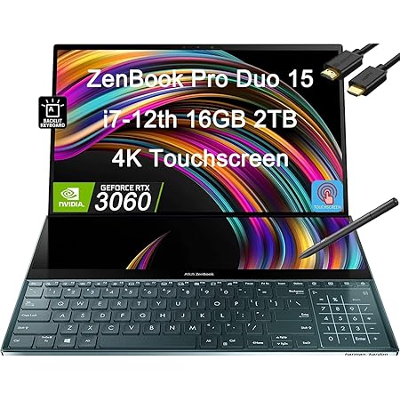 ASUS ZenBook Pro Duo 15 UX582 15.6" 4K OLED Touchscreen (Intel 14-Core i7-12700H, 16GB DDR5 RAM, 2TB SSD, GeForce RTX 3060 6GB) Business Laptop, ScreenPad Plus, Backlit, IST HDMI, Stylus, Win 11 Pro