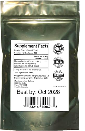 Miniatura 3 de l-dopa Polvo - 99% extracto de mucosa pruriens - Frijol de terciopelo natural - 2.4 onzas - 240 porciones