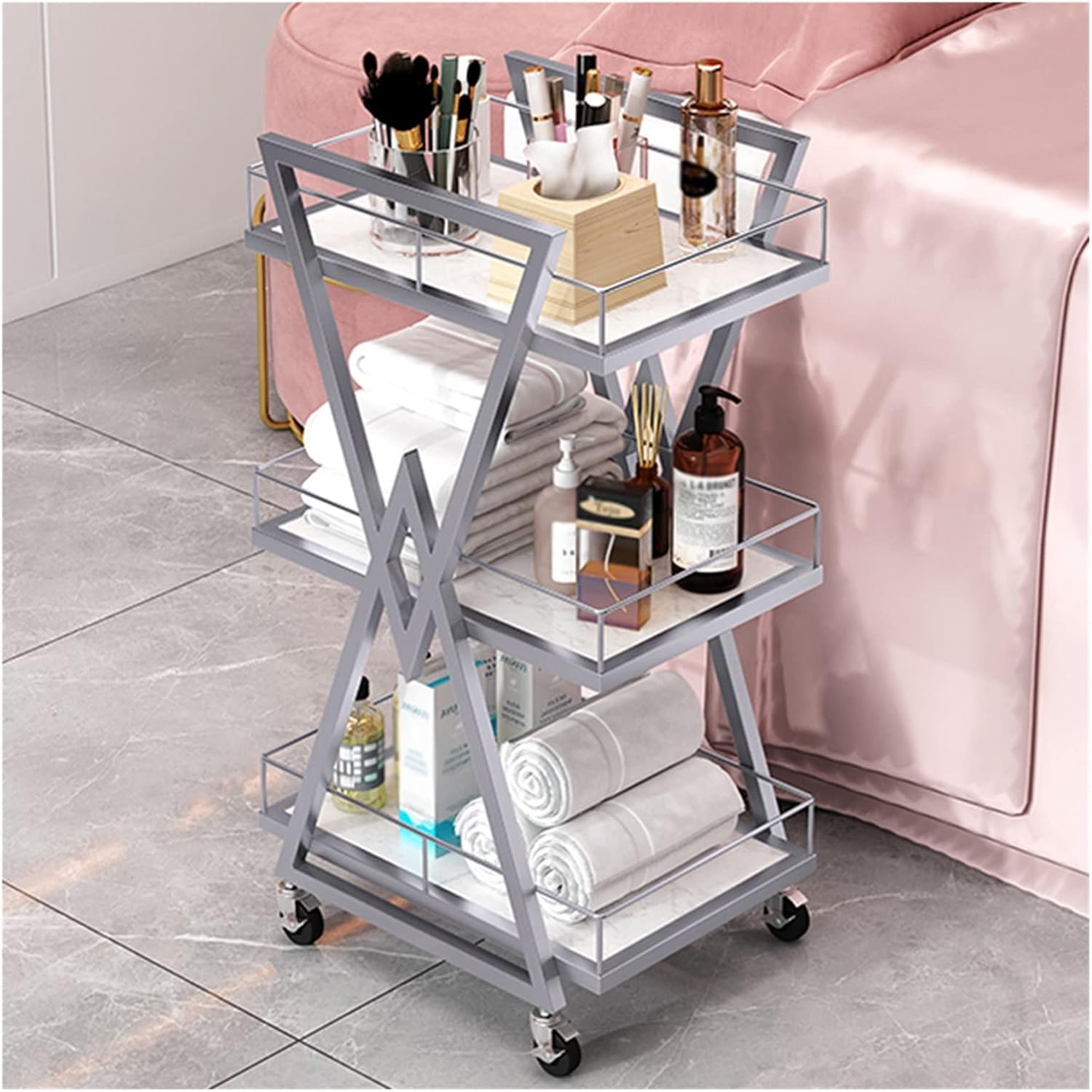 Carrito de metal rodante de 3 niveles con ruedas para salón, spa, peluquería, manicura, tatuaje, carrito utilitario con cajón y almacenamiento