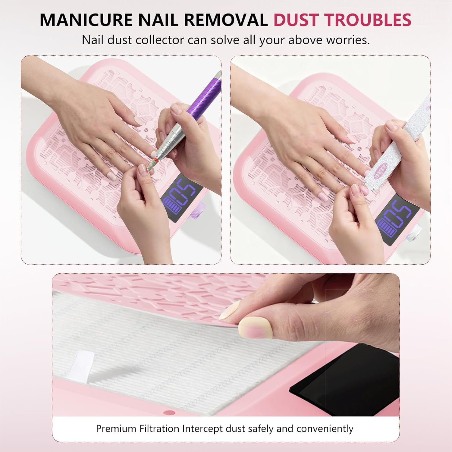 BETE Cordless Nail Dust Collector, 1800PA Powerful & Quiet Suction for Acrylic Nails Polishing, Rechargeable 6600mAh Battery with LED Display & Adjustable Speed, Perfect for Salon and Home Use, Pink