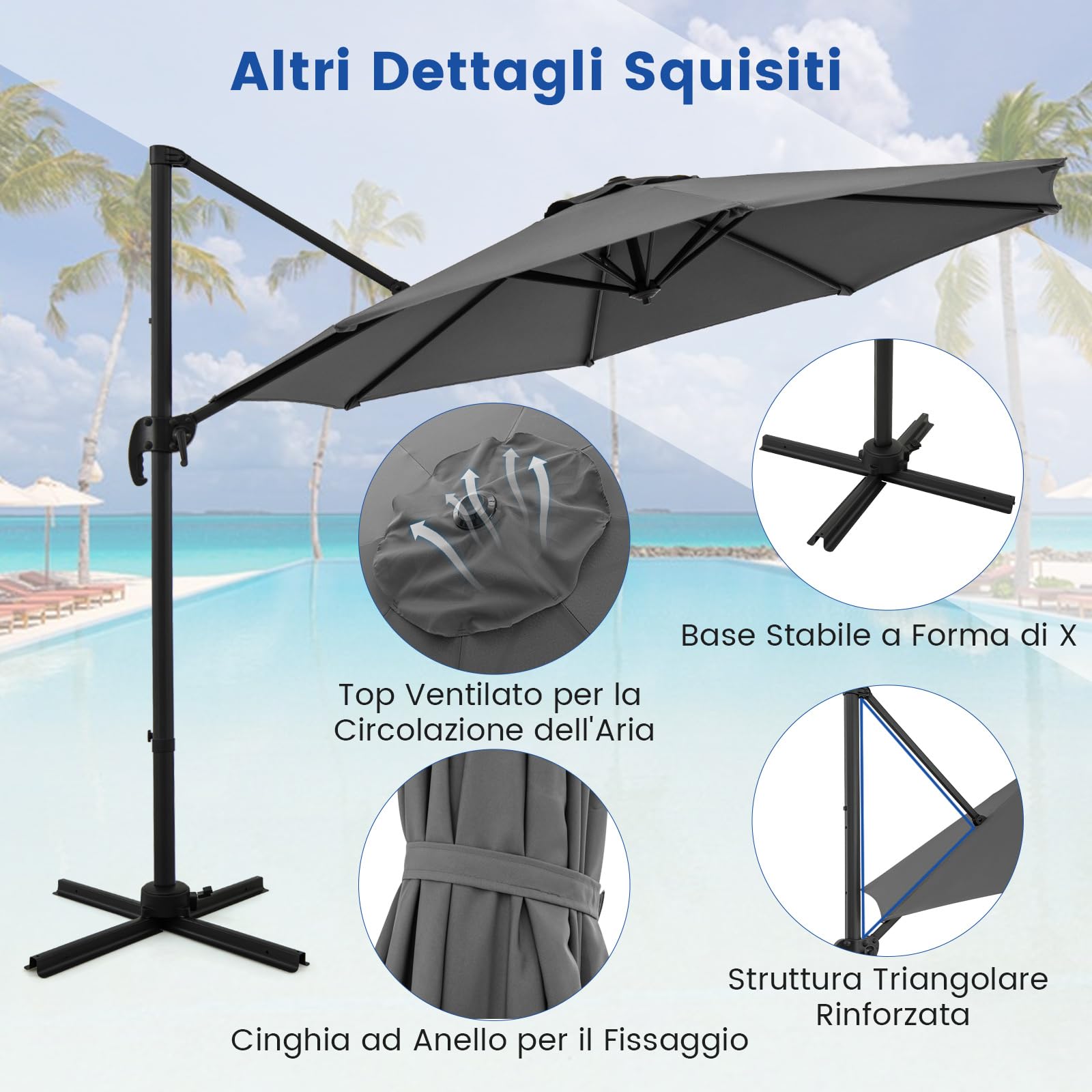 COSTWAY Ombrellone a Cantilever da Giardino 294 cm, Rotazione 360° e 5 Angoli Regolabili, 8 Stecche Base a Croce, Impermeabile, per Cortile Piscina Esterno(Grigio)