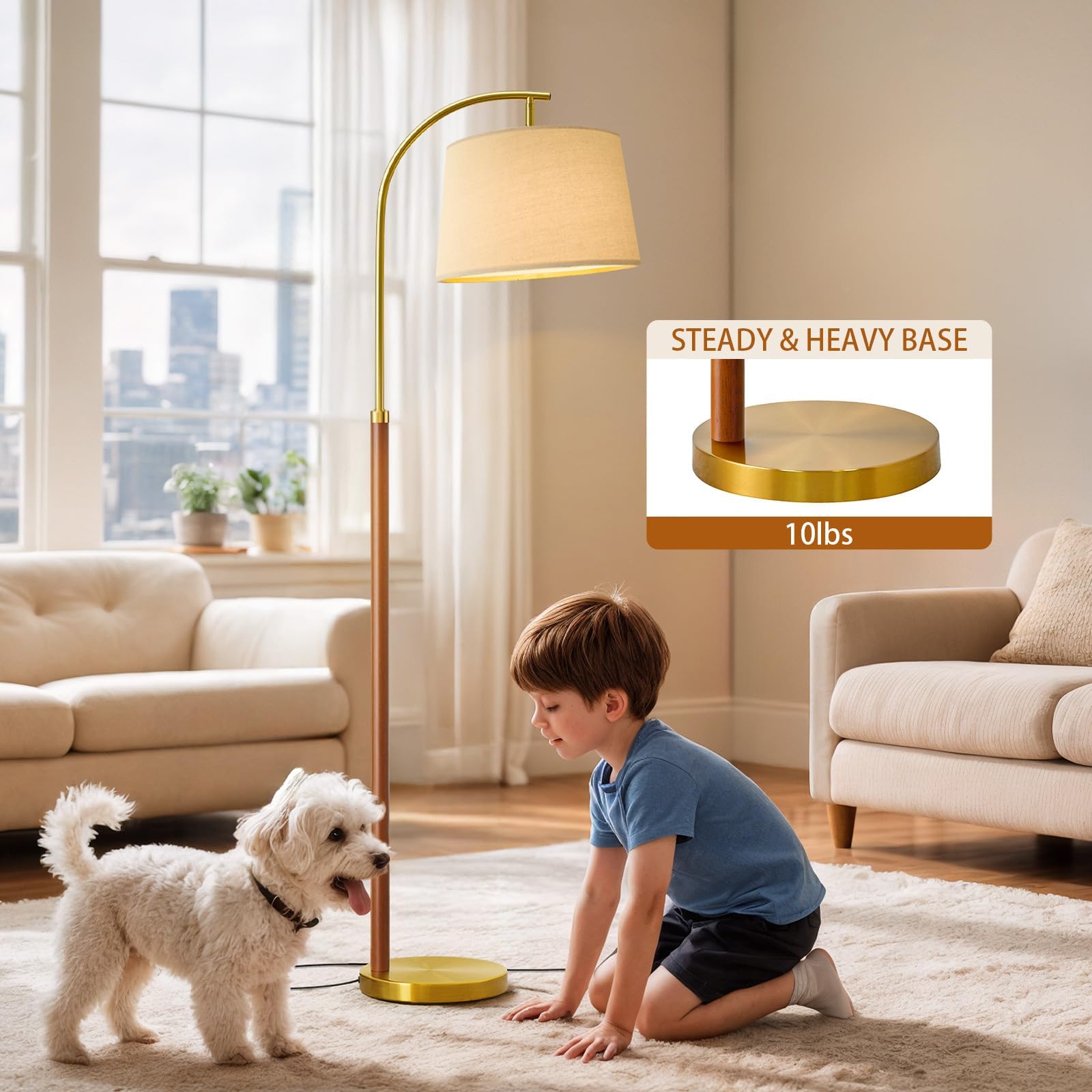G-SAFAVA Drewniana lampa podłogowa 158 cm do salonu, złota, z przełącznikiem nożnym, stojąca, wysokie lampy do sypialni, nowoczesne narożne lampy podłogowe do biura, przedszkola, przemysłowa lampa do