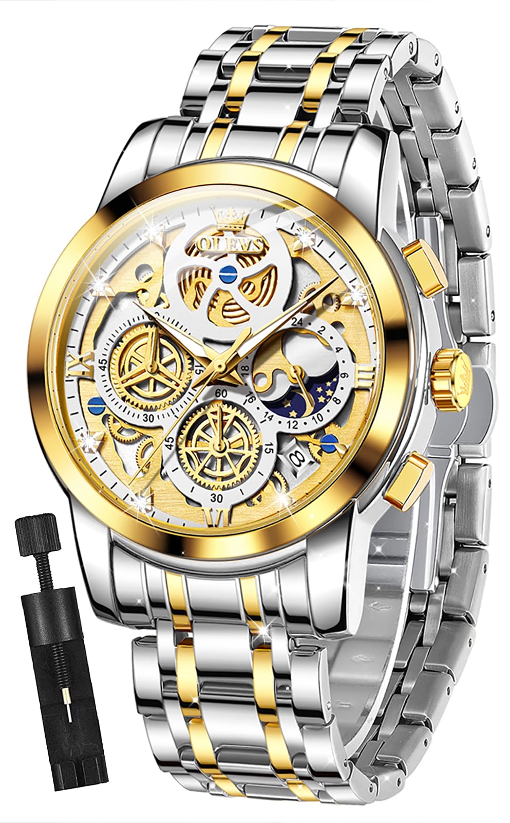 Mens Watch Chronograph Luxury Diamond Dress Business Analog Quartz Wrist Watches Stainless Steel Waterproof Luminous