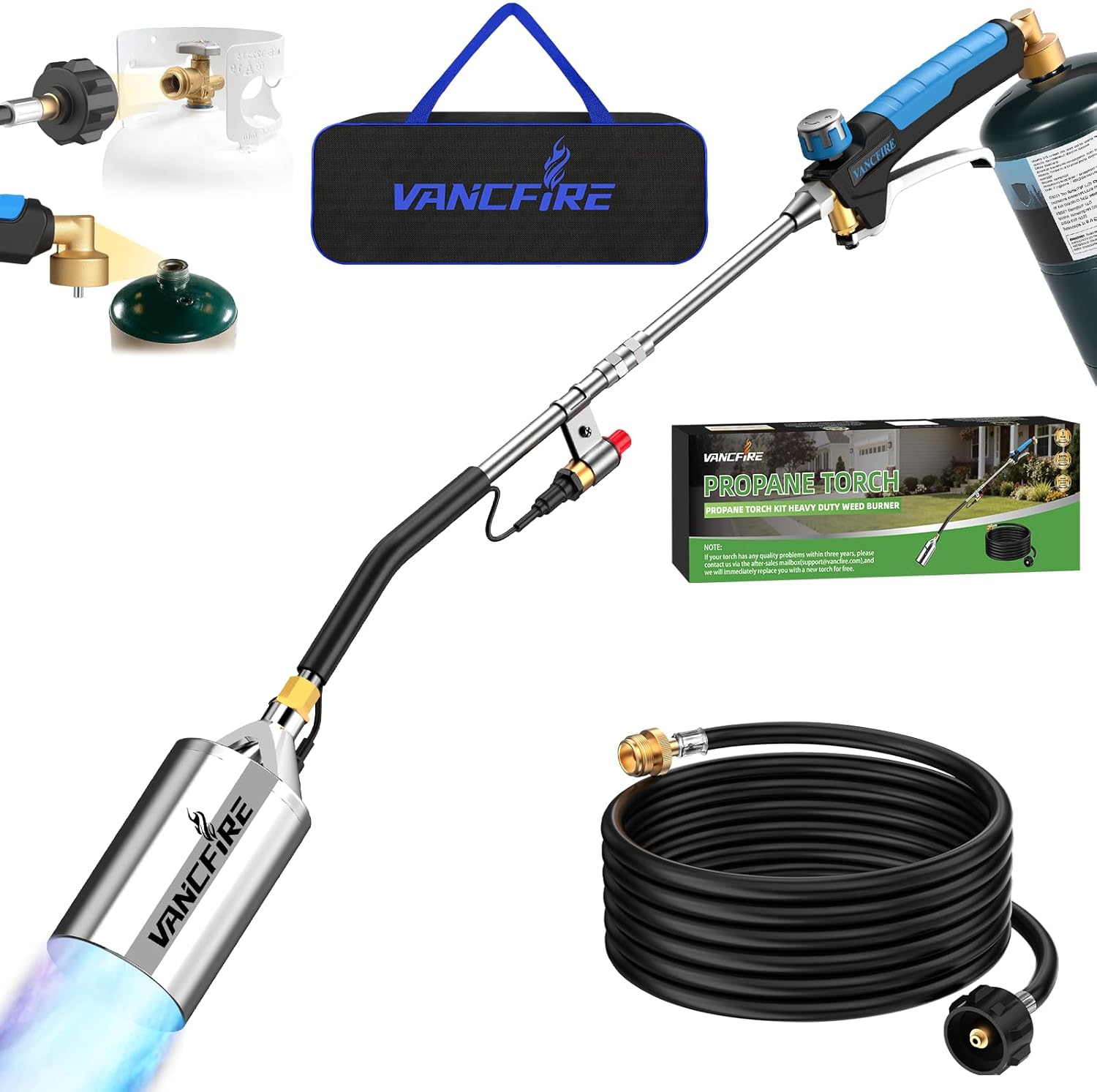 Propane Torch Weed Burner Kit with Storage Bag, Heavy Duty High Output Blow Torch with 1 lb Propane Cylinder Adapter & 10FT Hose, Flamethrower with Turbo Trigger for Weeding, Roofing, Ice Melting(33IN