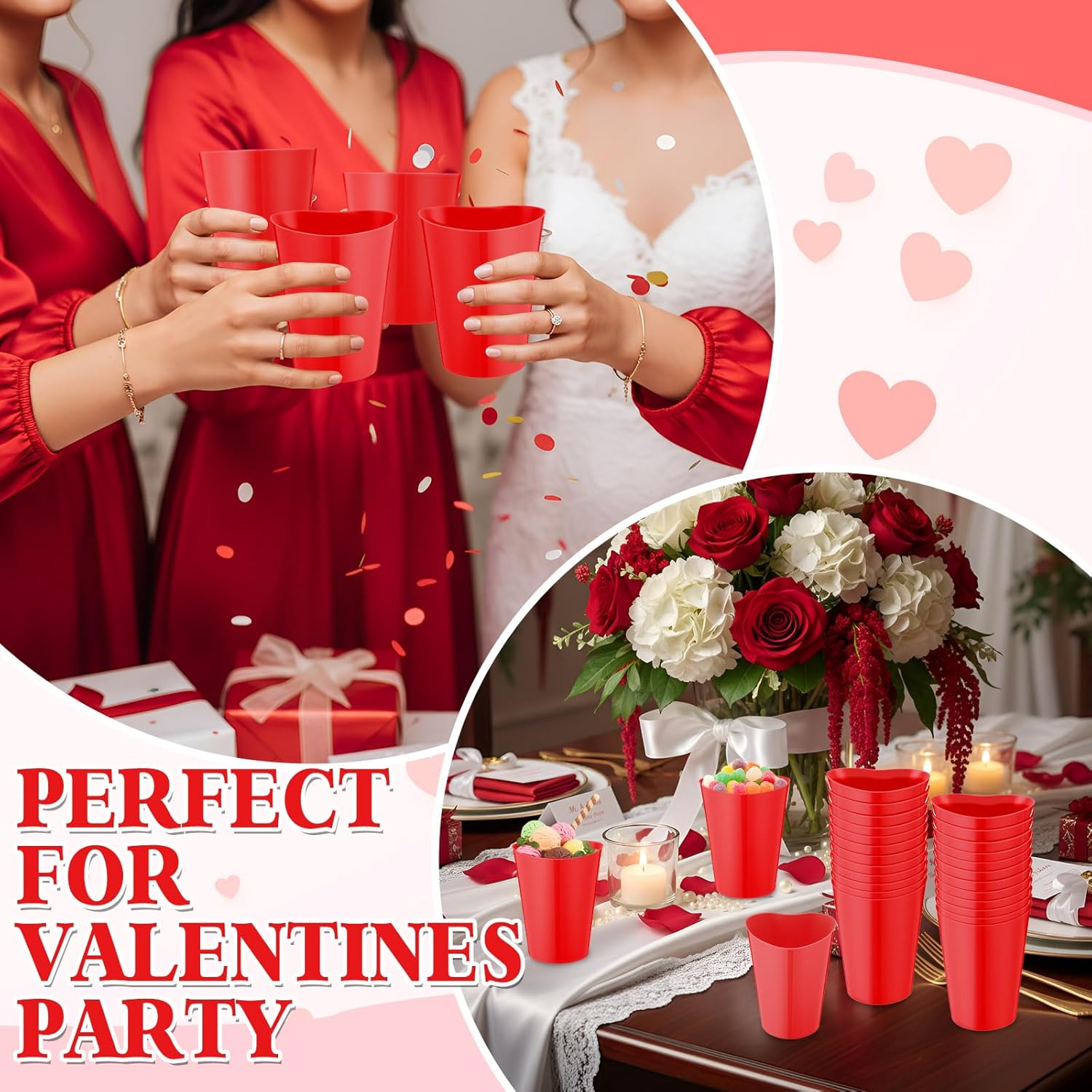 Qinyoung 100 Pcs Valentines Heart Shaped Plastic Cups Bulk 12 oz Plastic Heart Wine Cups Reusable Pink Red Galentines Party Cup for Wedding Birthday Drinking Beverage Party Supplies(Red)