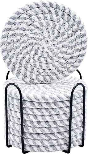 Miniatura 11 de ABenkle Juego de posavasos con soporte de 10 unidades, posavasos absorbentes tejidos de algodón para bebidas, juego de posavasos minimalista