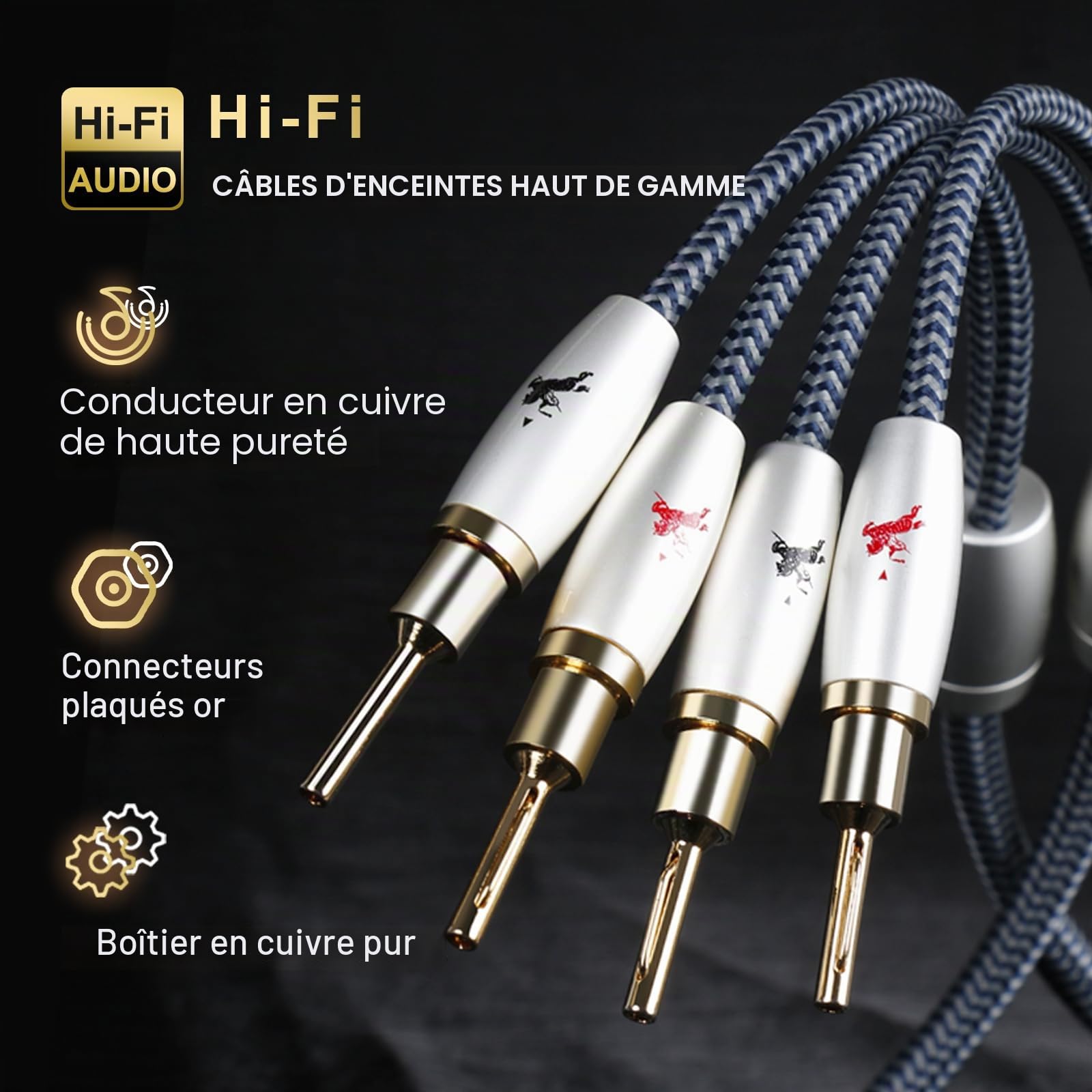 Impeto Câbles pour Enceintes avec Connecteurs Cable Enceinte hifi 6N OFC Câble de Haut-parleur Hifi, Fiche Banane Remplaçable, 14AWG, Pour Systèmes Hi-Fi, Home-cinéma (2PCS / Kit-3 m)