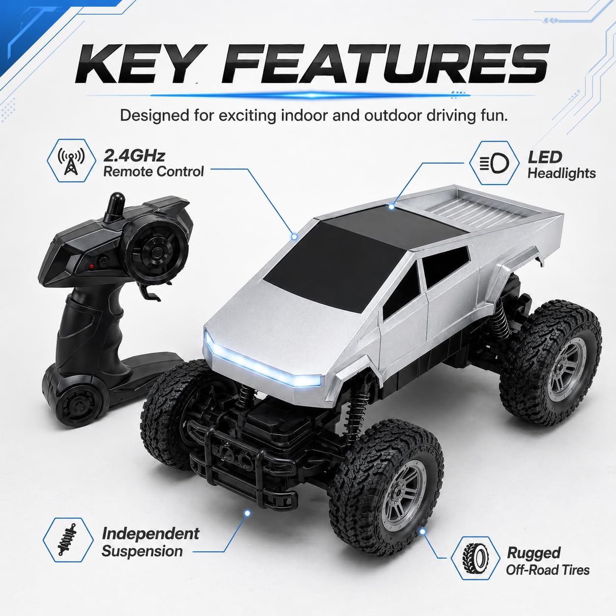 Remote Control Car, 1:18 RC Truck for Kids, 2.4GHz Remote Control Pickup Toy, All Terrain Off Road Vehicle with LED Lights, Silver Truck Gift for Boys Girls Ages 4-12