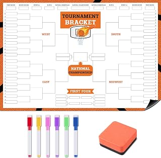 Magnetic Basketball Tournament Bracket Poster Set Includes 24 x 16.5 lnch Reusable Dry Erase Bracket Board Poster with 6 Color Magnetic Dry Erase Markers and Eraser for School Game Party (64 Team)