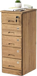 KIRIGEN Natural Wood Cabinet, Office, Sleeve Desk, 5 Tiers, Chest, Desk Cabinet with Multiple Locks, Casters, A4 Compatible, Plant Oil Painted Finish, Brown