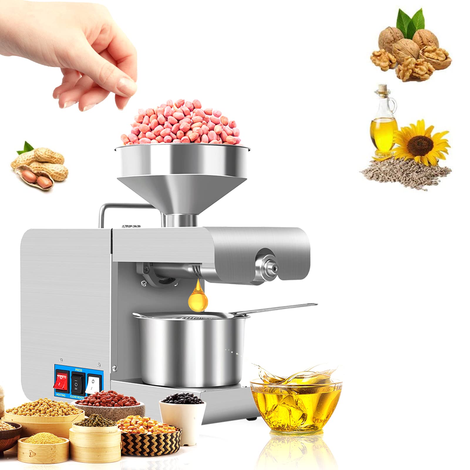 MYUYEE 820W Electric Automatic Oil Press Machine Cold Hot Nuts Oil Expeller Stainless Steel Oil Extractor Home/Commercial for Coconut Olive 4-6Kg/H