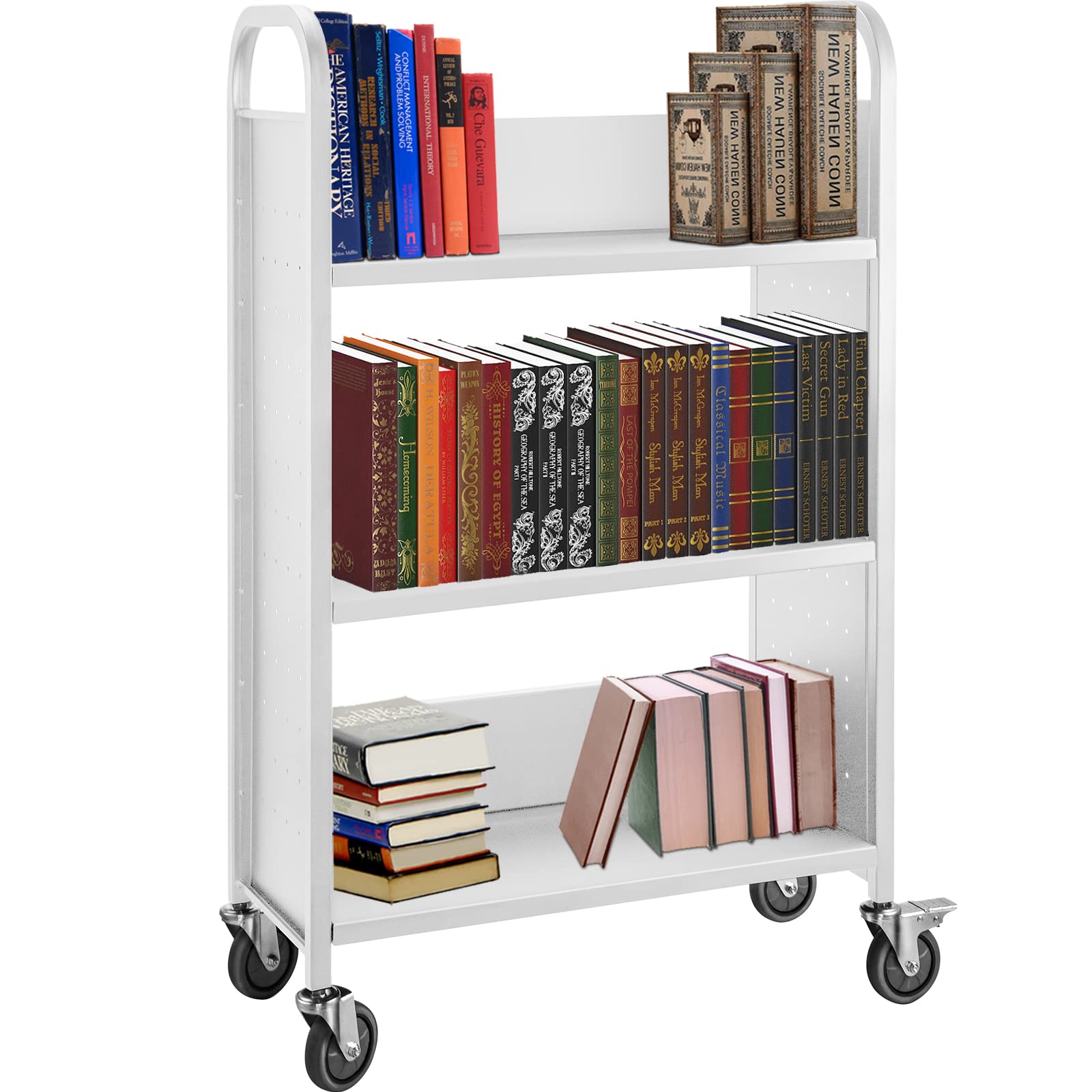 VEVOR Carrello per Libri, Carrello per Biblioteca da 200 Libbre, Carrello per Libri con Ruote 30x14x49 Pollici Ruote Bloccabili da 4 Pollici, per Scaffali Domestici Ufficio, Bianco