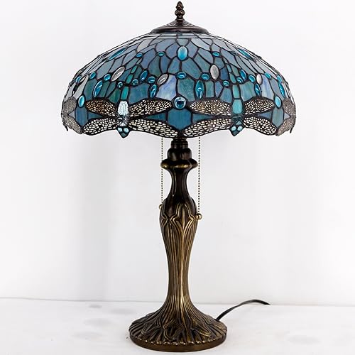 Miniatura 3 de WERFACTORY Tiffany Lámpara de mesa de noche de cristal azul mar, lámpara de mesa estilo libélula luz de lectura de escritorio, base de metal, 16 x