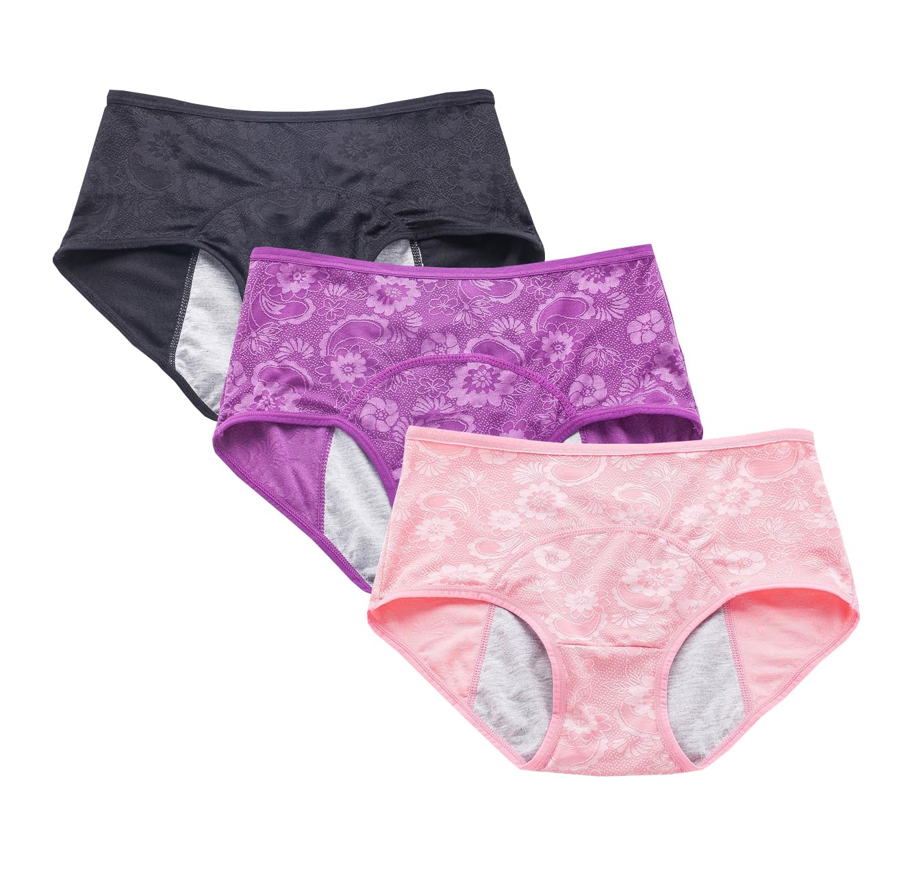 YOYI FASHION Women Menstrual Period Briefs Jacquard Easy Clean Panties 3 Pack Size 16, Dark,Rouge,Purple
