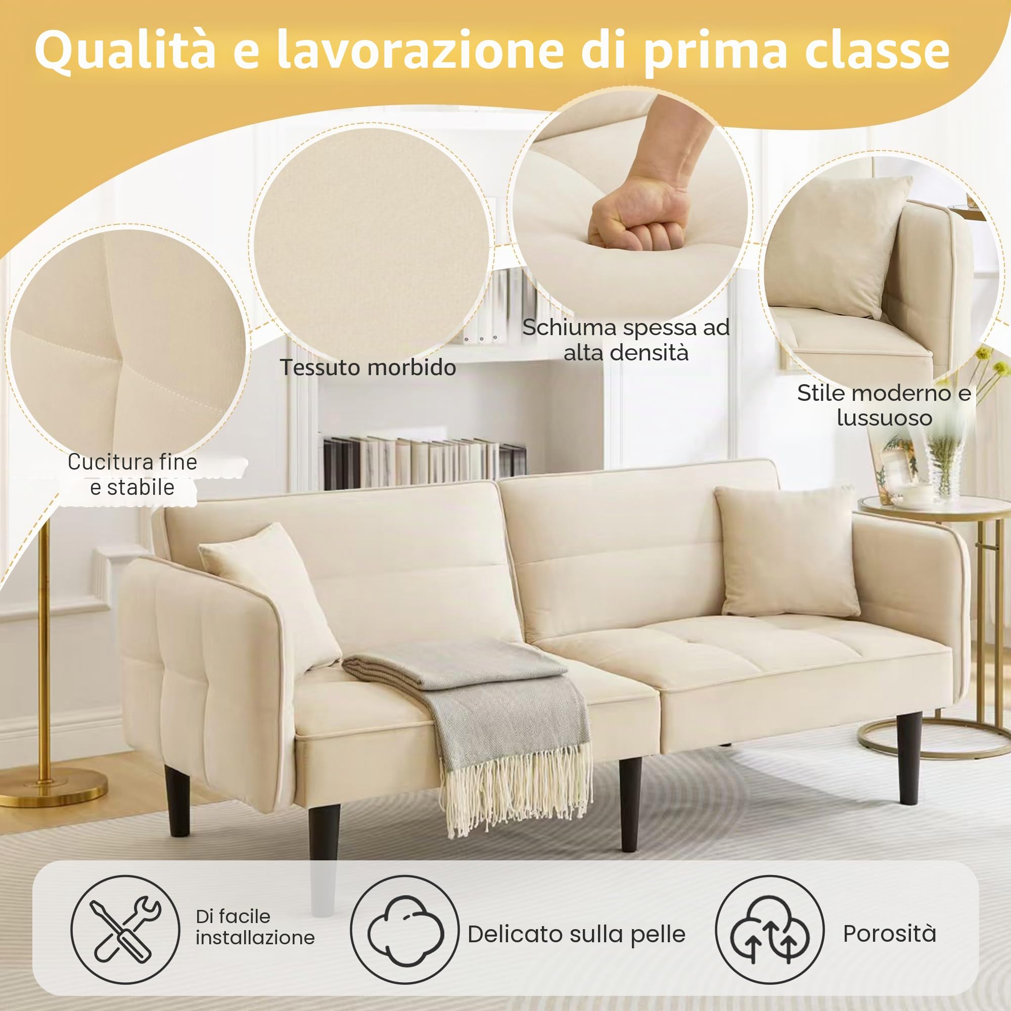 Azkoeesy Divano Letto 2 Posti in Velluto 176 cm, Schienale e Braccioli Regolabili, Piedi in Legno Massello, 2 Cuscini Inclusi, per Soggiorno e Ufficio (beige)