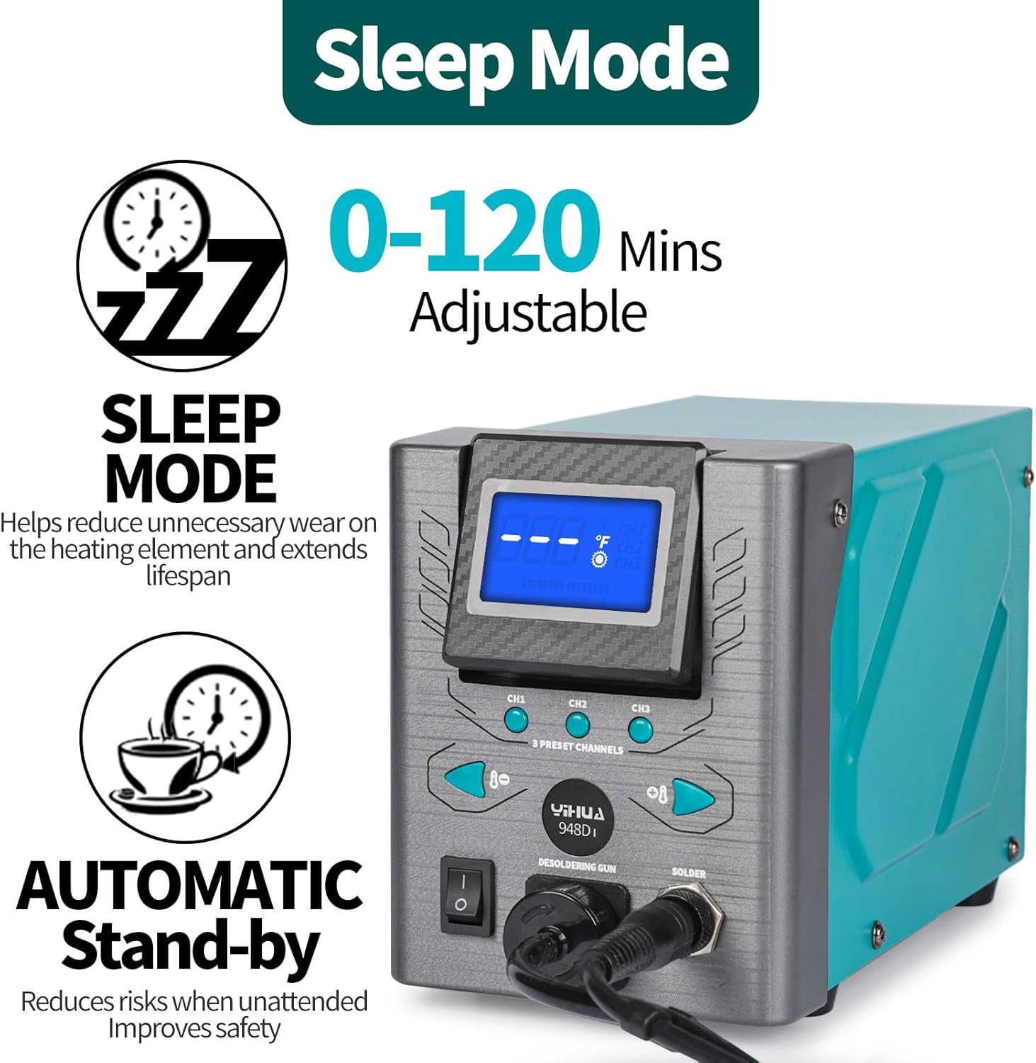 YIHUA 948D-I Desoldering Station 110W High Performance ESD-Safe with Temperature Control 716-896°F Adjustable, 3 Pre-set Channels, °C/°F Conversion, Auto Stand-by, Sleep Mode