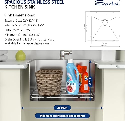 Miniatura 5 de Sarlai Fregadero de lavandería de 22 pulgadas de profundidad, fregadero de lavandería de 12 pulgadas de profundidad, fregadero de cocina de acero