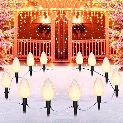 Miniatura 5 de Luces de camino de Navidad C9, 6.5 pies de estaca de piña con 4 piñas blancas LED C9 gigantes, luces de marcador de camino al aire libre conectables