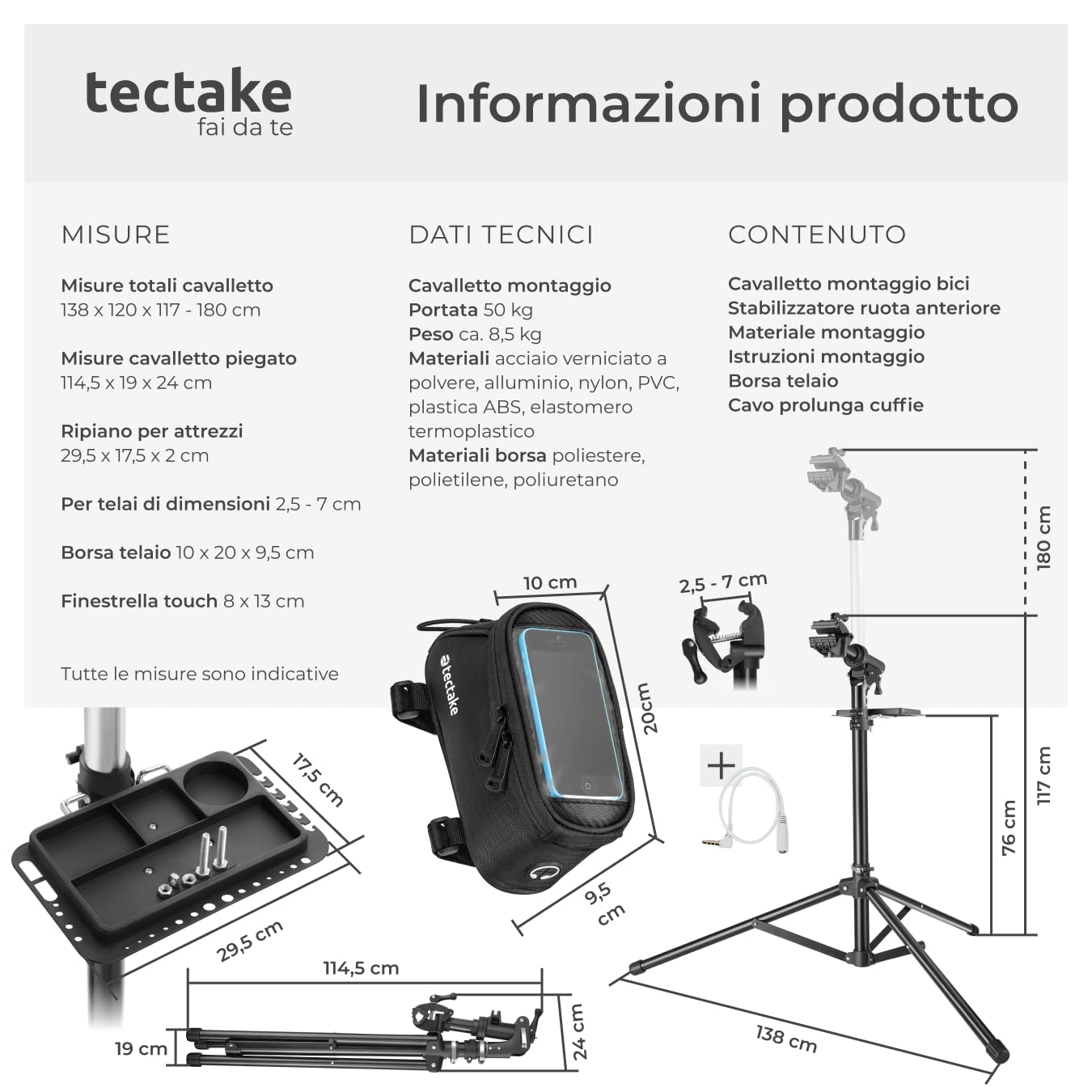 tectake®, Set Cavalletto bici per riparazione in acciaio e borsa telaio, cavalletto manutenzione bici, bike stand, ebike e bicicletta supporto, porta mtb, asta telescopica regolabile - Stile Treppiede