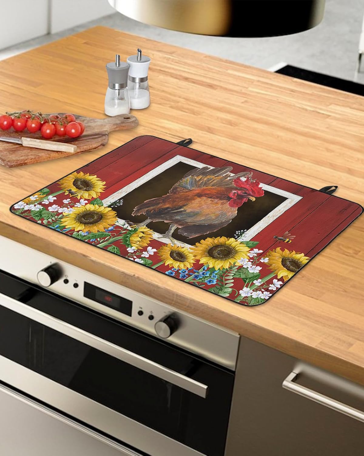 Stove Cover for Electric Stove, Farm Barn Rooster with Sunflower Stove Top Cover for Glass Top, Heat Resistant Rubber Mat Foldable Cooktop Cover Top Protector, 28.5"x20.5"