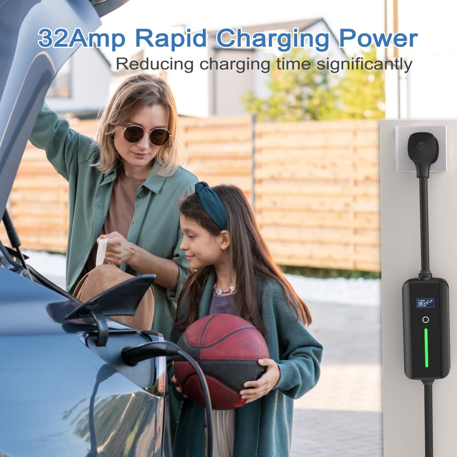 A woman and child near a Tesla vehicle, with the Aiskooc EV charger plugged into a wall outlet, illustrating rapid charging