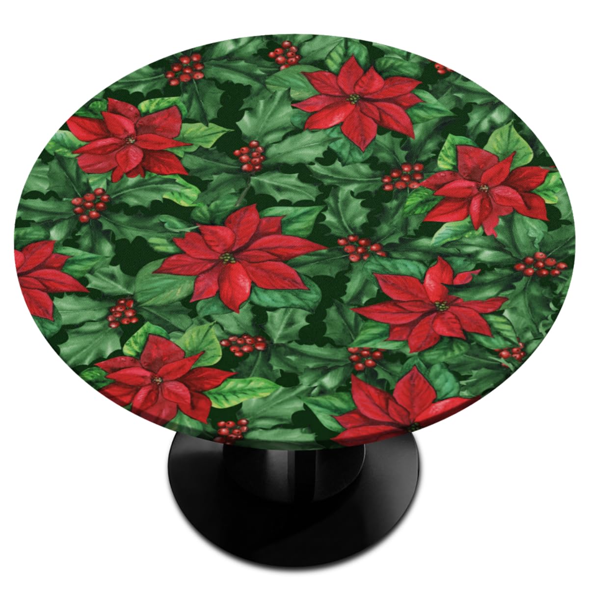 Christmas Poinsettia Flower Berry Leaf Round Fitted Tablecloth with Elastic Edge, Xmas Round Fitted Table Cloth, Xmas Washable Indoor Outdoor Table Cover for Party Kitchen Dinner Fits 36-42 In Table