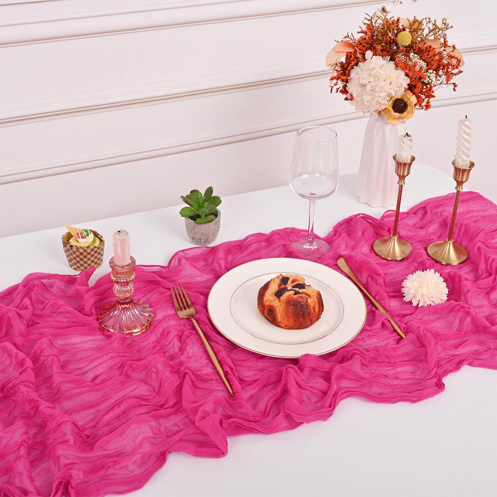 5 caminos de mesa de gasa rosa intenso, 35 x 120 pulgadas, decoración rústica bohemia para bodas, fiestas, despedidas de soltera, Acción de Gracias, Navidad, cumpleaños