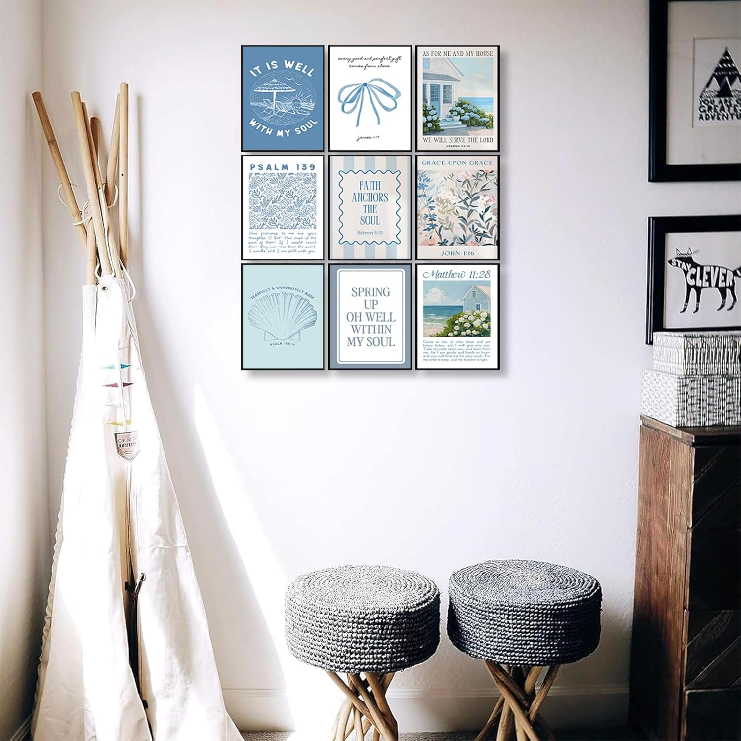 YYSEYKFJ 9Pcs Christian Bible Posters Wall Art Coastal Bible Verse Canvas Wall Decor Blue Preppy Aesthetic Artwork Christian Beach Painting Pictures for Girls' Bedrooms(12x16in Poster)