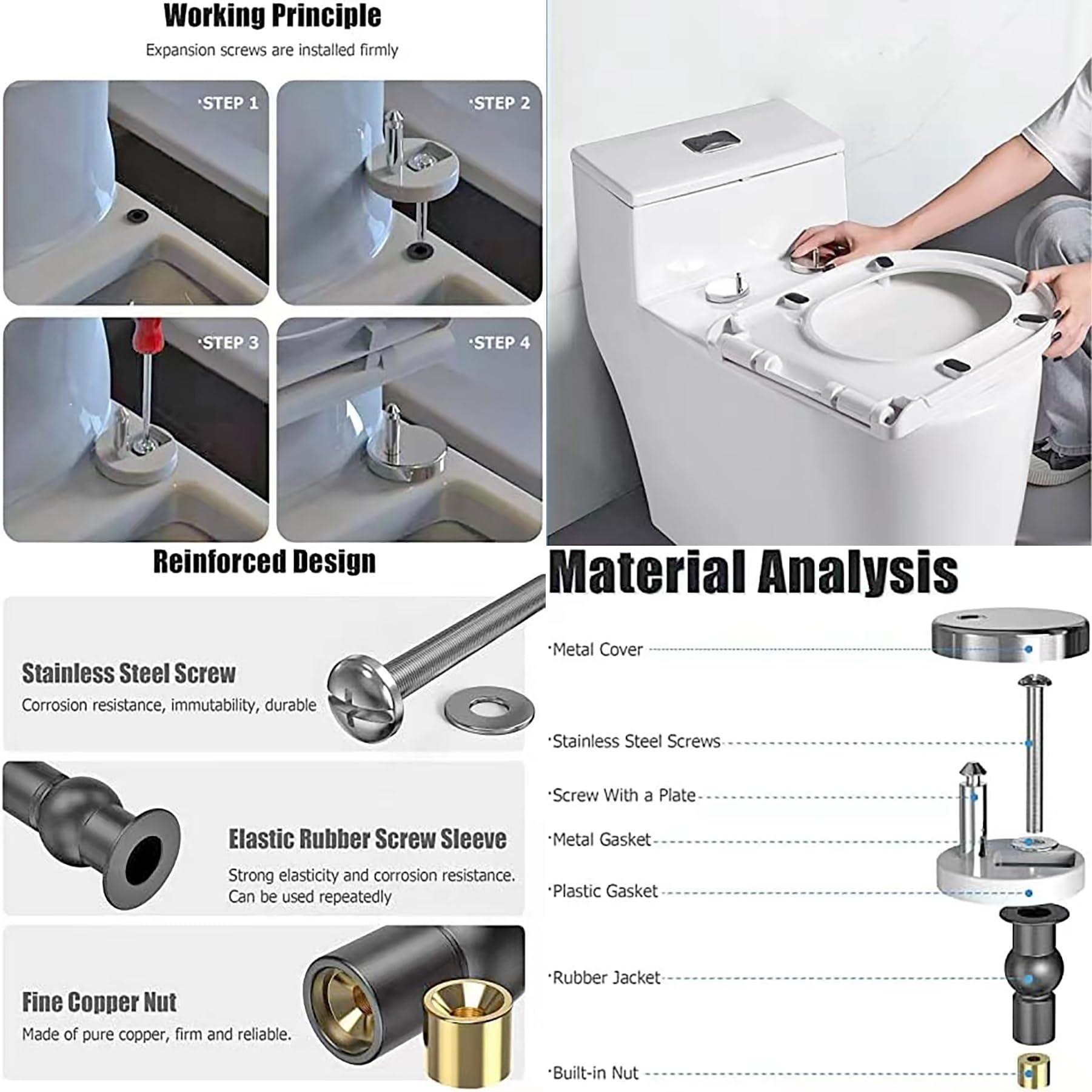 4 Pack Toilet Seat Hinges Fixings with Screws and Expanding Nuts - Image 3