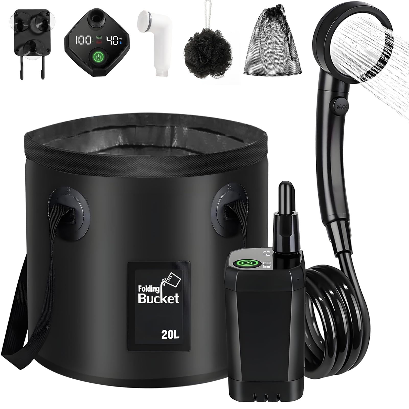 Dhnvcud 6000mAh Rechargeable Camping Shower, 20L Foldable Bucket, LED Digital Display, 4 Spray Modes, Type-C Waterproof Charging, All-in-One Portable Shower Pump for Camping RV Hiking Pet Washing