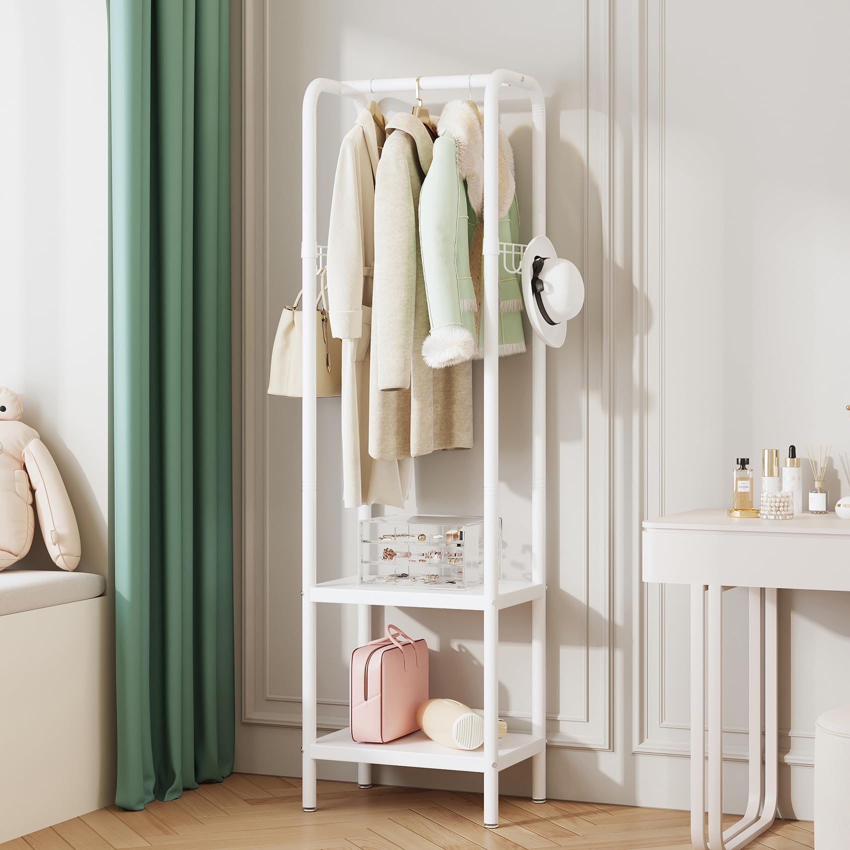 ZHYOCOGY Metal Coat Stand, Small Coat Rack with Shelf and Hook, Freestanding Clothes Rail for Hallway, Bedroom, Office, Balcony, Small Space, Entrance (White)