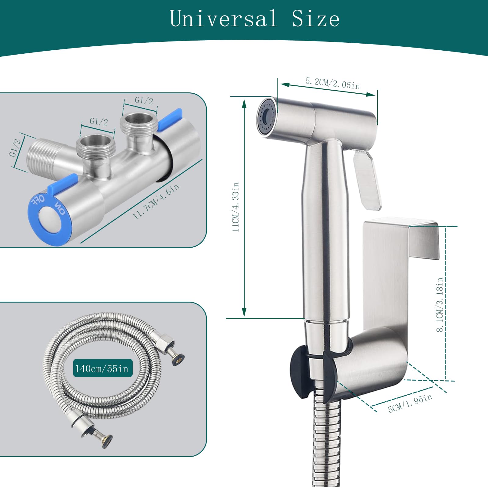 Kit de Pulverizador de Bidé de Mano de Acero Inoxidable, Grifo Bidet para WC, Ducha Higiénica para WC, con Manguera y Válvula de G1/2 Soporte