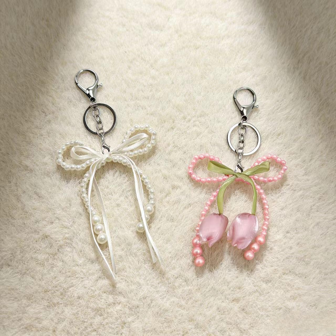 2Pcs Pink Pearl Bow Keychain, Cute Ribbon Bowknot Beaded Keyring Charms Aesthetic Pink Tulip Flower Bag Charms Purse Car Key Chain for Women's Keyrings & Keychains image 3