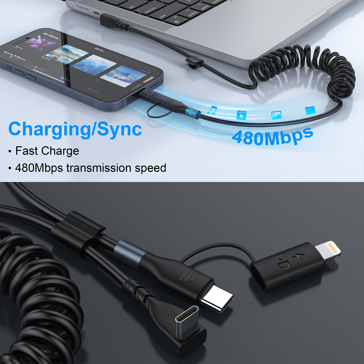 Cavo USB C a Spirale, [1,8M] Cavo USB C da 60W per Carica Dati 2 in 1 ad Angolo Retto CarPlay, Compatibile Android Auto, Tesla Model Y/3/X/S, iPhone 16/15/14/13 Pro Plus Max, Galaxy, Google, Tablet