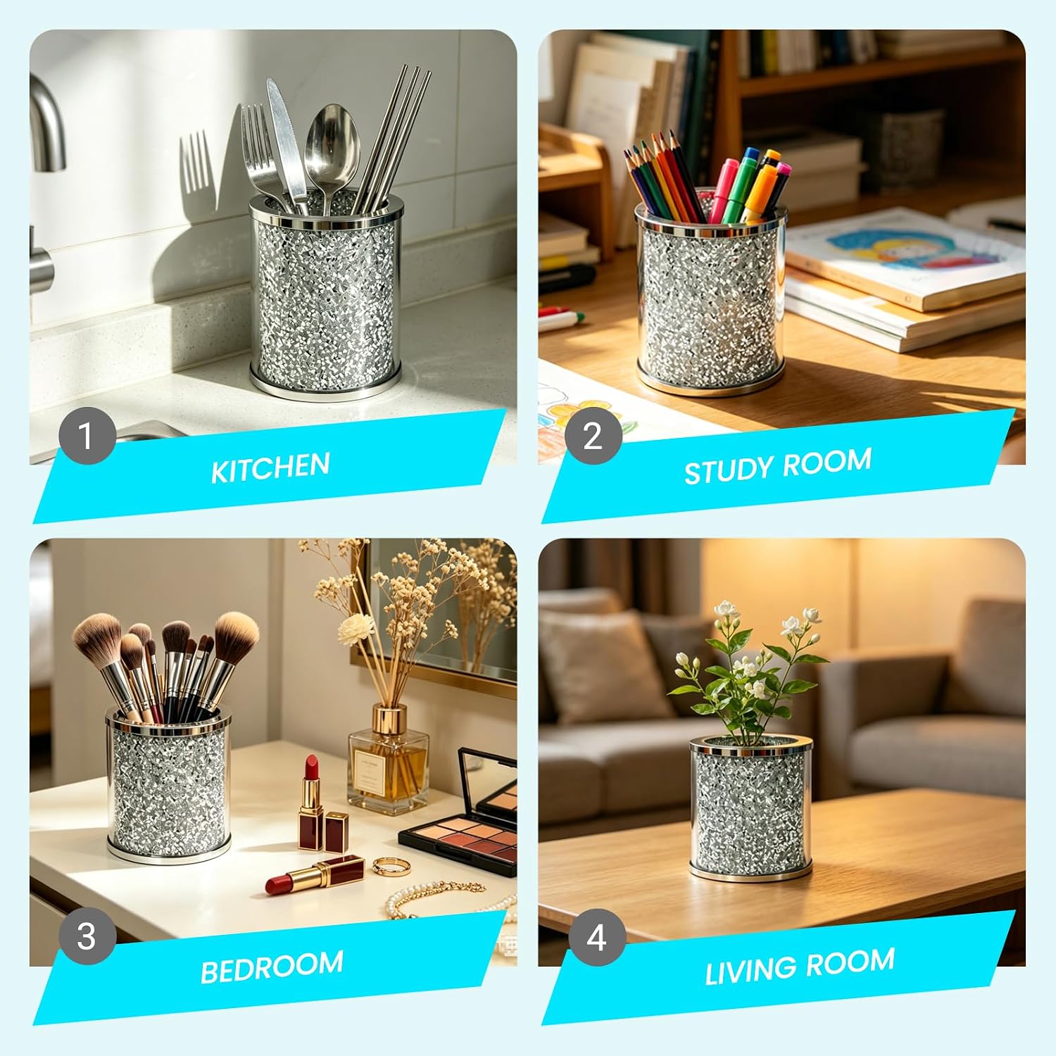 Glass Kitchen Utensil Holder, Silver Diamond Utensil holder