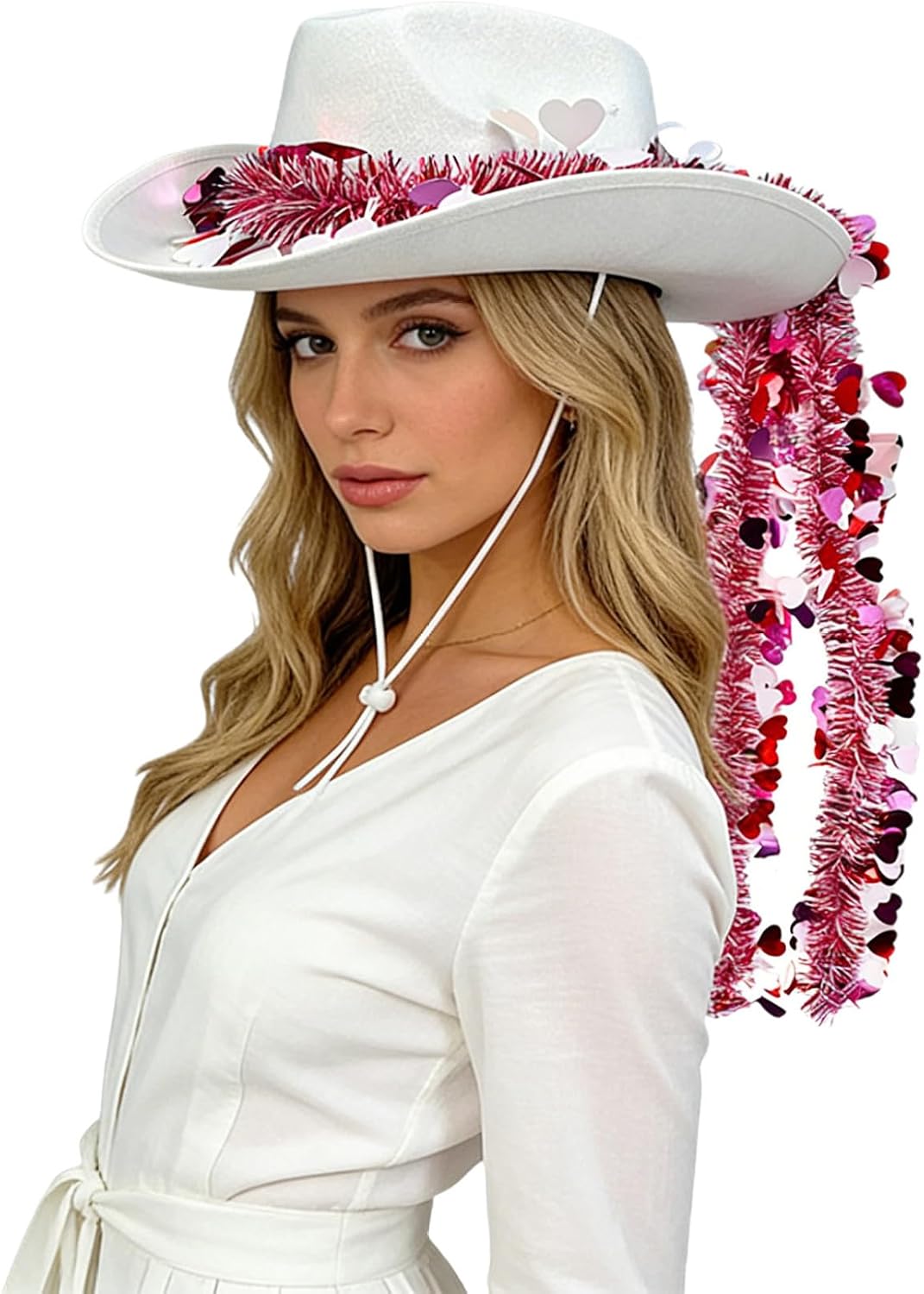 Women's Western Cowboy Hat Wide Brim Cowgirl Hat with Valentine Heart Tinsel Garland Tassel