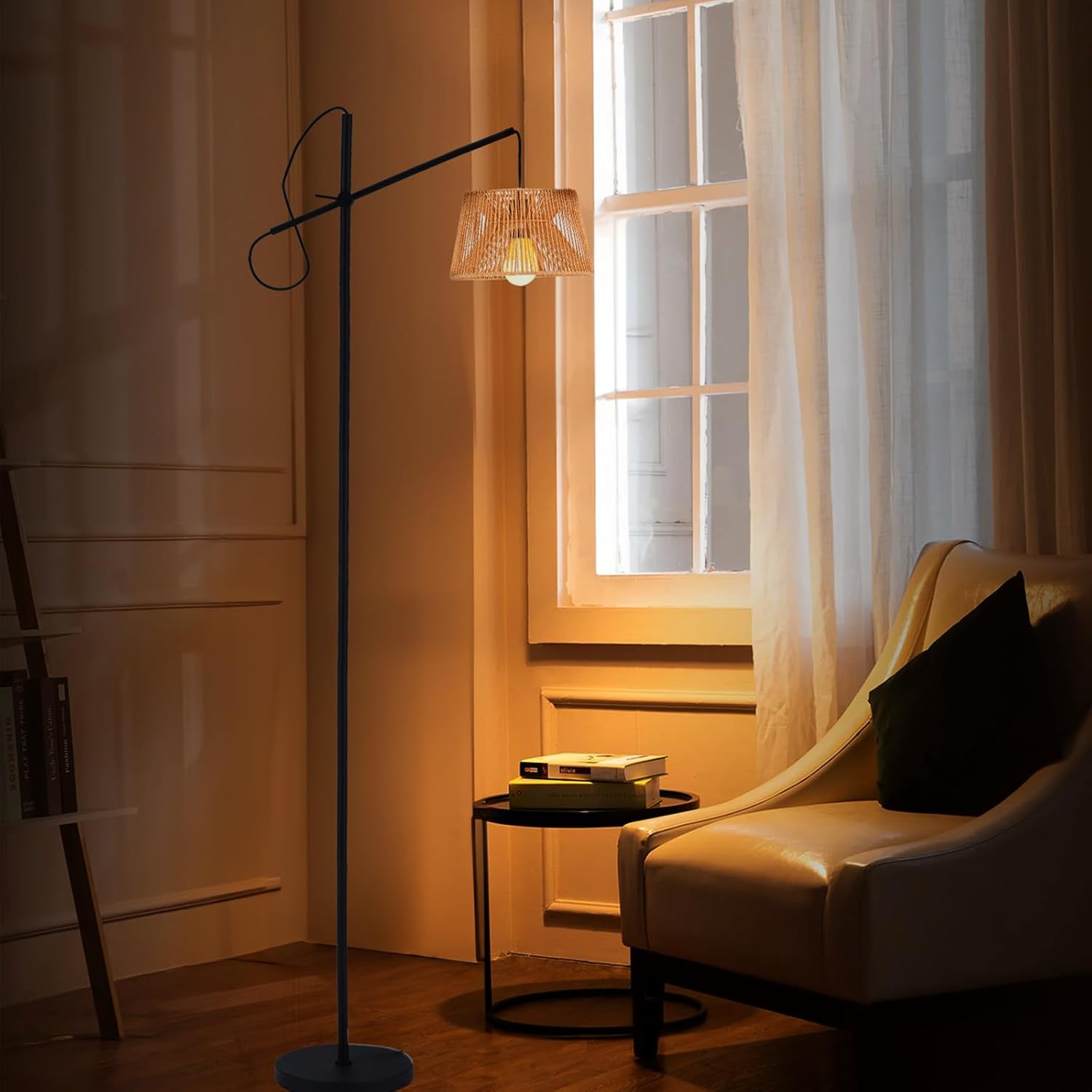 OGACFO Arc Floor Lamp with Remote, Boho Floor Lamp with 3 Color Temperatures, 2700K-6500K Dimmable Rattan Standing Lamp with LED Bulb and Foot Switch, Adjustable Tall Lamp for Living Room Bedroom