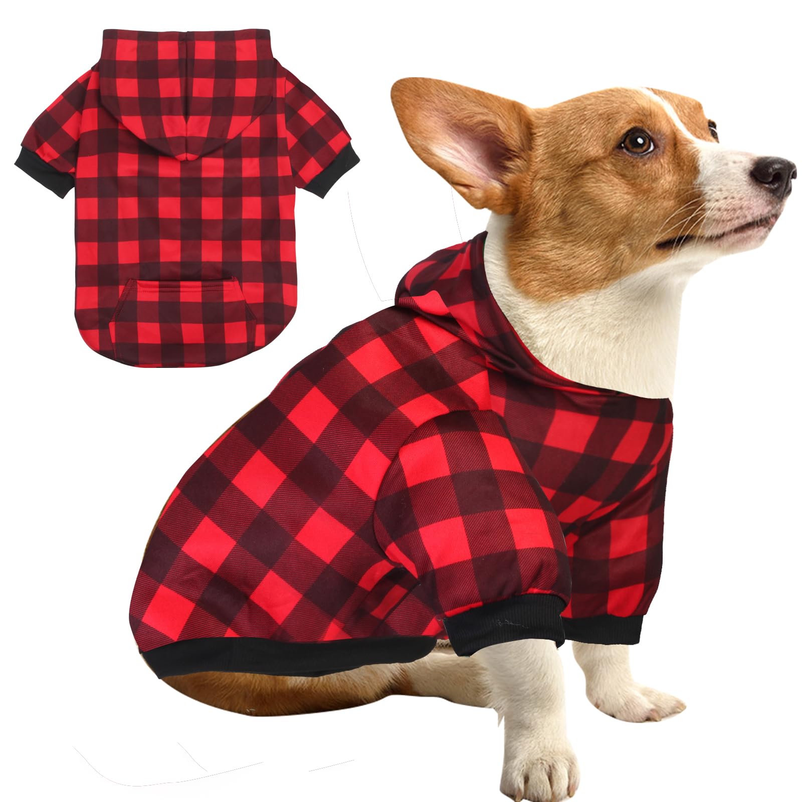 Plaid Dog Sweaters Hoodies Sweatshirts for Dogs Cats, Warm and Soft Cold Weater Coats for Christmas (Red, X-Small)