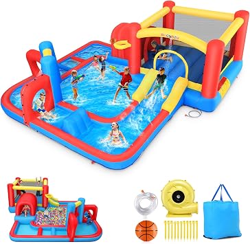 AKEYDIY Inflatable Water Slide for Kids 3-12, Bounce House with Slide & Splash Pool, Inflatable Water Park Obstacle Course for Backyard Outdoor Summer Fun, 2-in-1 Indoor Dry Bounce Castle with Blower