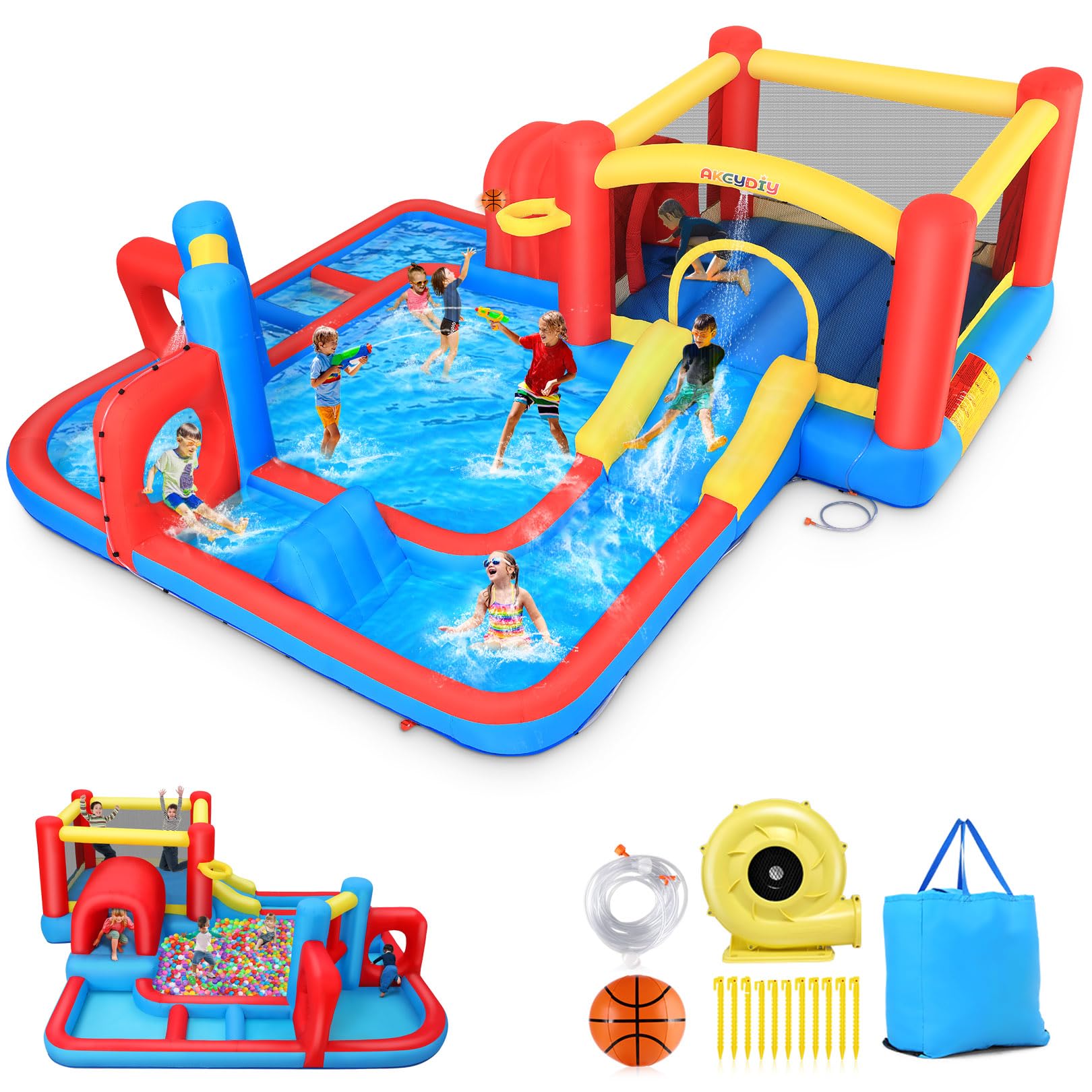 AKEYDIY Large Water Slides for Kids Backyard, Inflatable Bounce House Water Park with Large Pool Obstacle Course for Big Kids Backyard Indoor/Outdoor