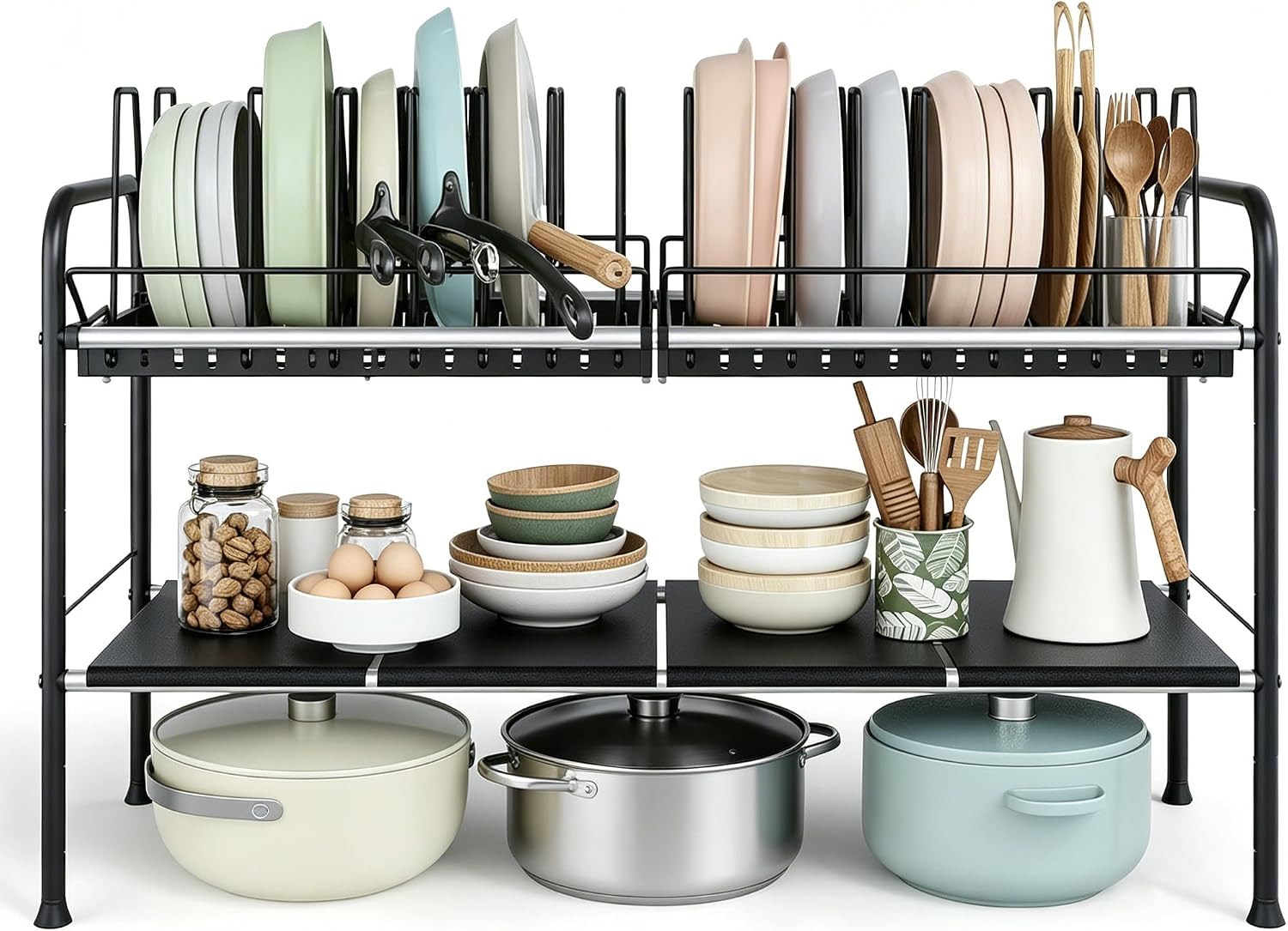 Expandable Under Sink Cabinet Organizer, Adjustable Pots Pans Storage Rack with 14 Dividers & Lid Holder, Multi-Functional Kitchen Cookware Storage Rack for Cabinet Countertop