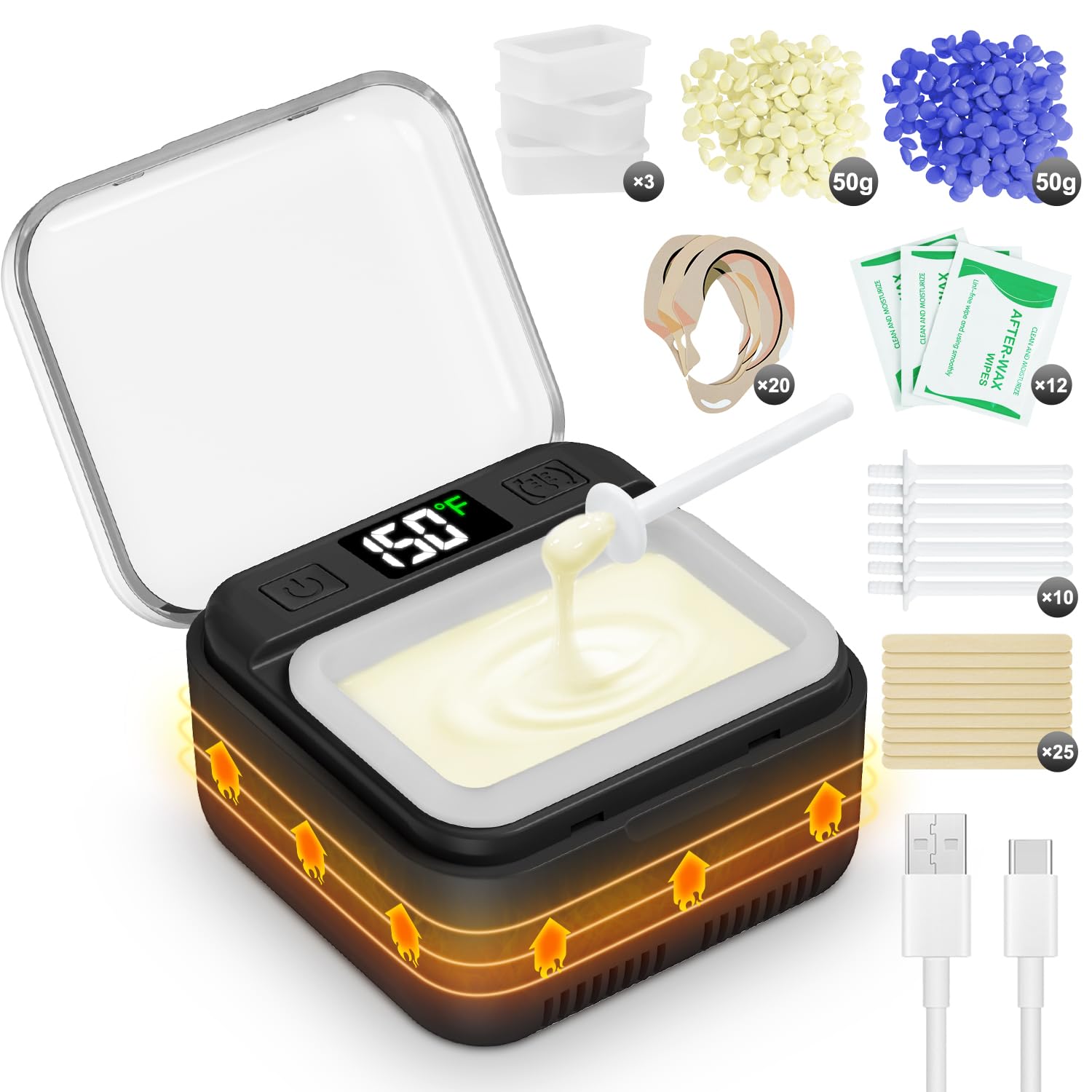 Nose Wax Kit Men,Nose Hair Waxing Kit with Adjustable LED Display,Ear Hair Removal Kit for Men Women 100 g Wax 70 Applicators,Constant Temp,USB Heated,Pocket-Size,Black