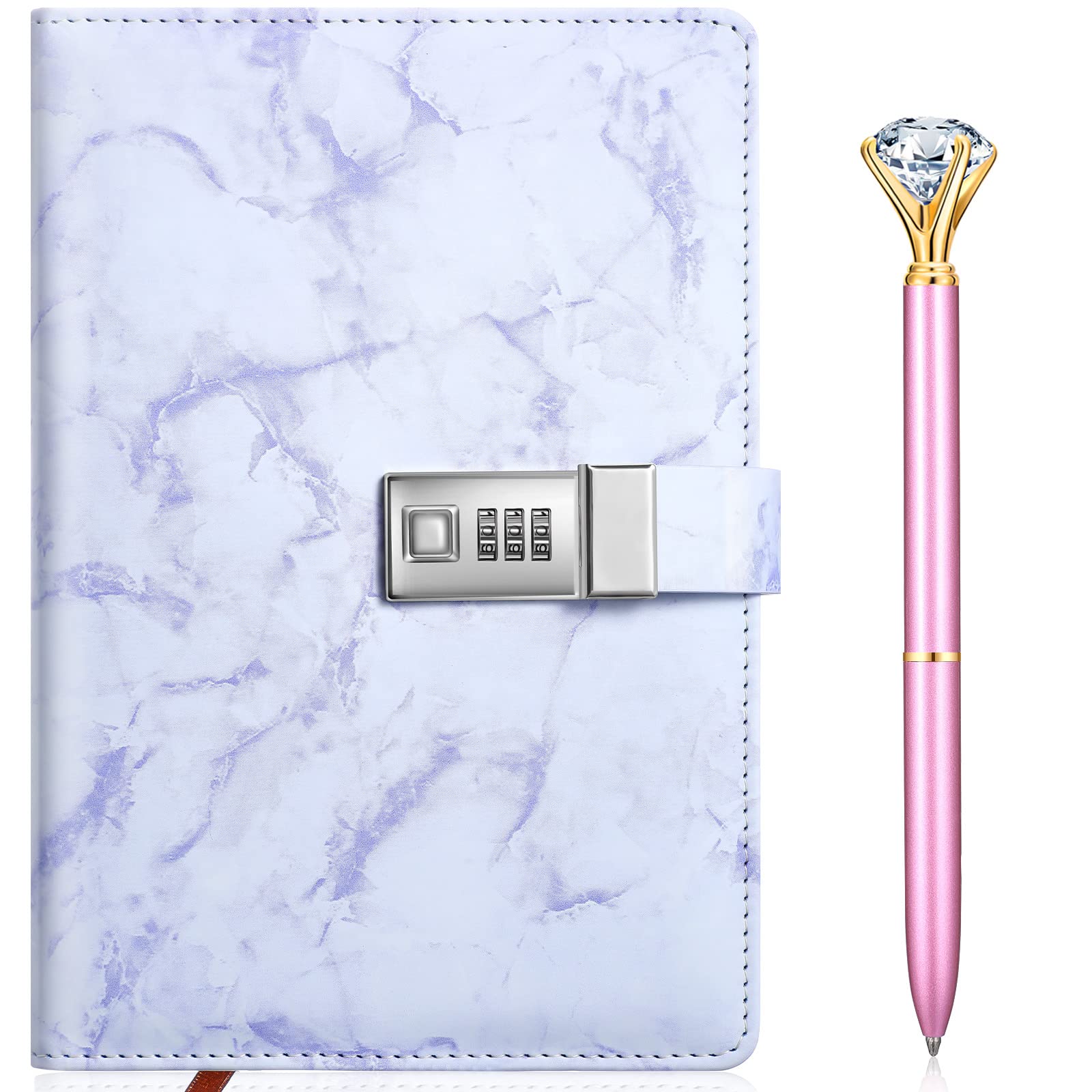 Zonon Diary with Lock for Girls Marble PU Leather A5 Journal Combination with Diamond Pen Back to School Gifts Lock Diary Planner Organizer for Men