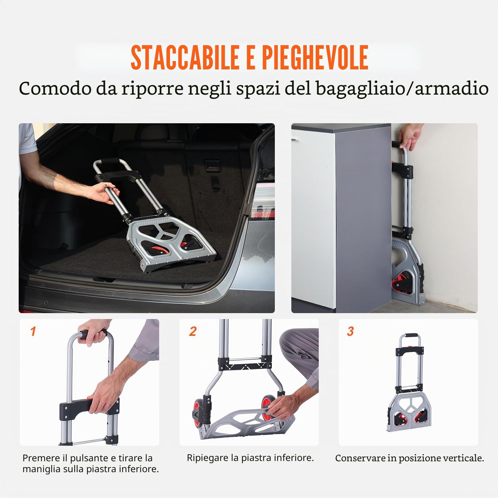 VEVOR Carrello a Mano Pieghevole Portata Max. 80 kg Carrello a Mano in Alluminio Pieghevole per Carichi Pesanti con Ruote in Gomma Maniglia Telescopica per Trasporto Domestico Merci di Magazzino 80kg