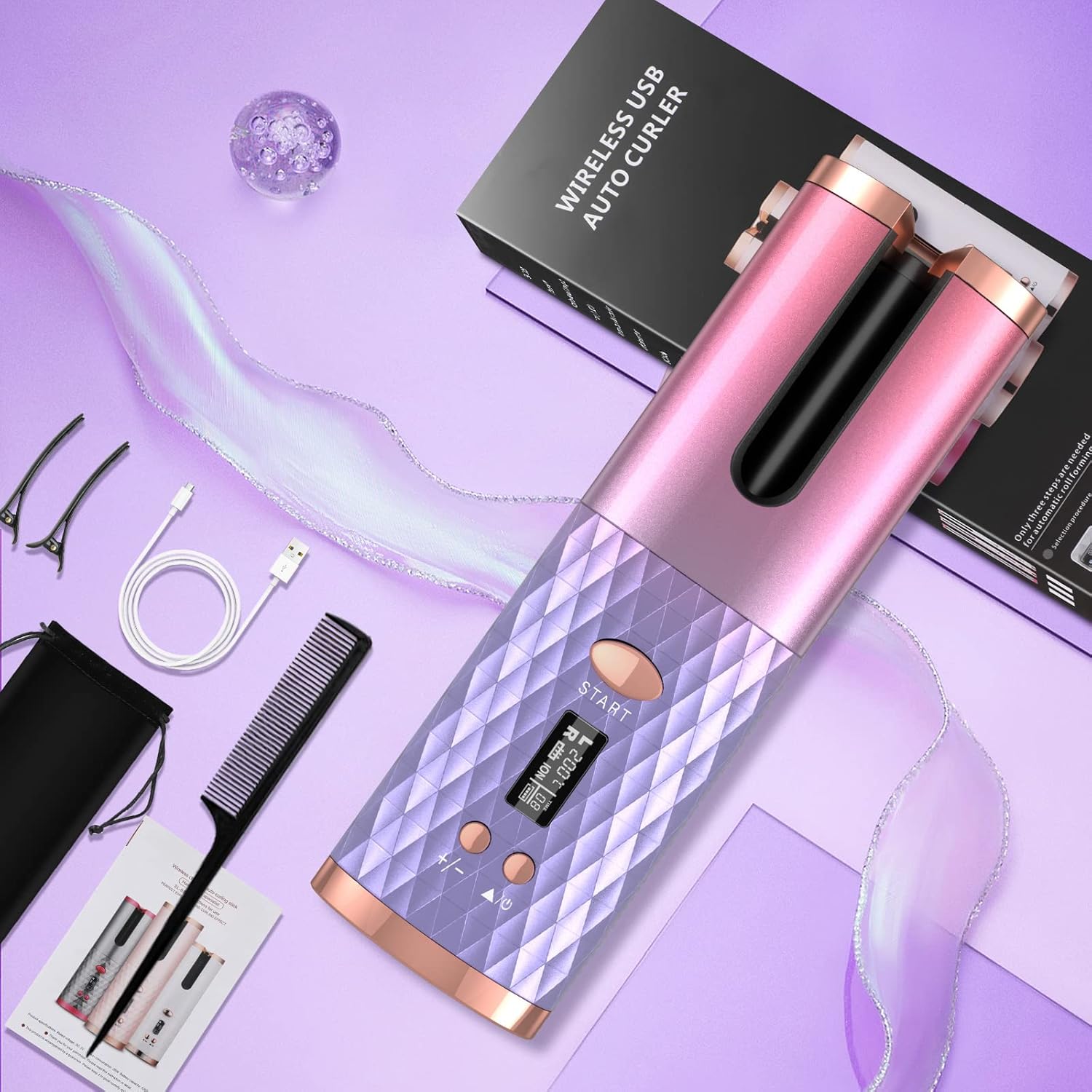 Automatic Cordless Hair Curler with 6 Temps & 6 Timers, Rechargeable Rotating Curling Iron with Ceramic Curling Wand, Ceramic Heater Surface, Auto Shut-Off