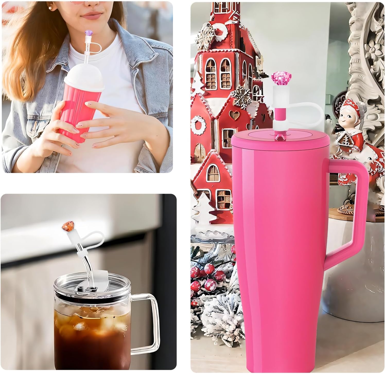 6pcs Diamond Straw Cover Cap for Brumate Era 30&40 oz Tumble, 12mm Reusable Silicone Straw Topper Protector Lid with Cute Mix Colors Décor Accessories - Image 6